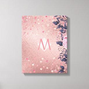 Girarly All ROSEGOLD Blue Rosa Blommigt MONOGRAM Canvastryck