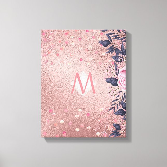 Girarly All ROSEGOLD Blue Rosa Blommigt MONOGRAM Canvastryck (Framsida)