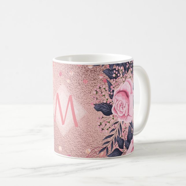 Girarly All ROSEGOLD Blue Rosa Blommigt MONOGRAM Kaffemugg (Framsida höger)