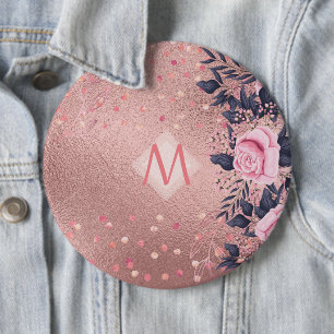 Girarly All ROSEGOLD Blue Rosa Blommigt MONOGRAM Knapp
