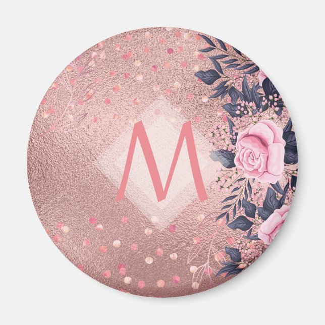 Girarly All ROSEGOLD Blue Rosa Blommigt MONOGRAM Magnet (Framsidan)