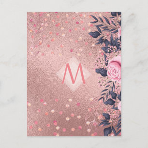 Girarly All ROSEGOLD Blue Rosa Blommigt MONOGRAM Vykort