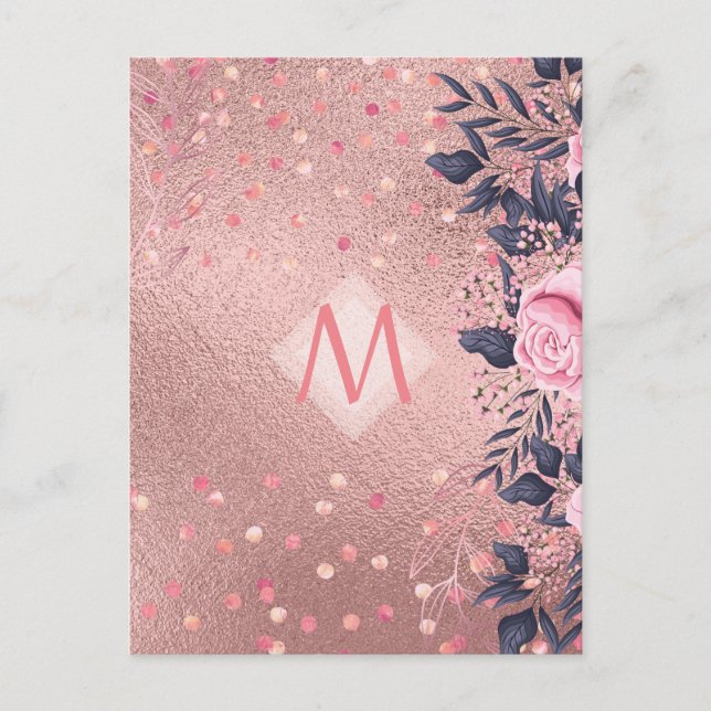 Girarly All ROSEGOLD Blue Rosa Blommigt MONOGRAM Vykort (Framsida)