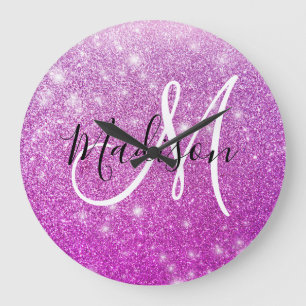 Girel & Glam Lila Glitter Sparkles Monogram Namn Stor Klocka