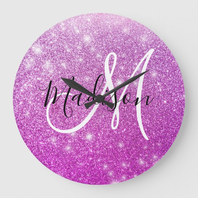 Girel & Glam Lila Glitter Sparkles Monogram Namn Stor Klocka (Framsida)