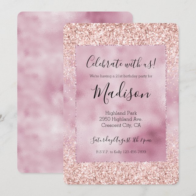 GirGnistra Rosa Glitter Inbjudningar (Fram/baksida)