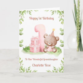 Girl 1st Birthday Greenery Teddy Bear Card Kort