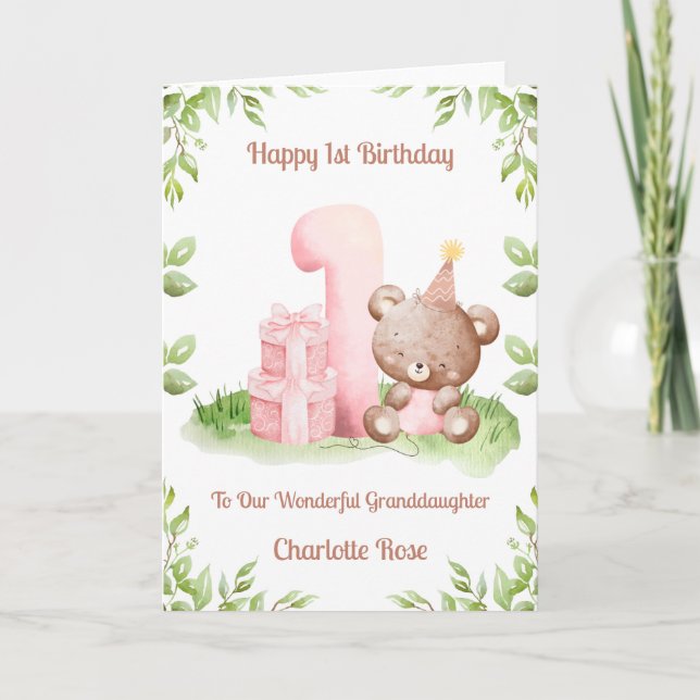 Girl 1st Birthday Greenery Teddy Bear Card Kort (Framsida)