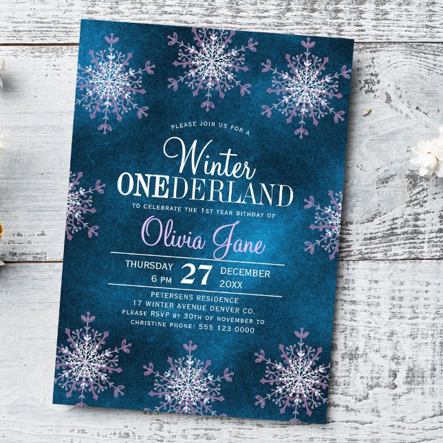 Girl 1st birthday Winter Onederland snowflakes  Inbjudningar (Skapare uppladdad)