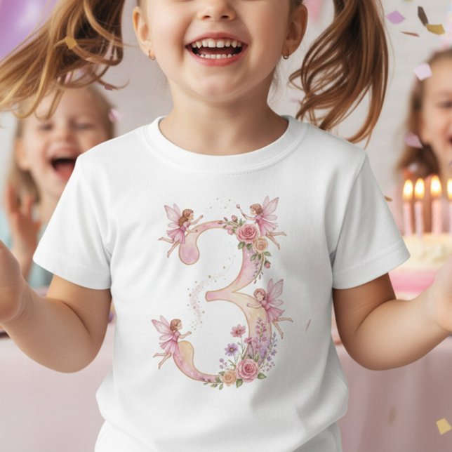 Girl 3rd Birthday Pink Fairy Number Three T Shirt (Fairy princess 3rd birthday shirt, photoshoot keepsake)
