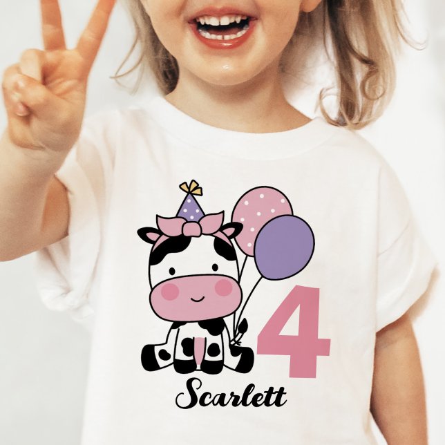 Girl 4e födelsedagen Cute Cow Rosa Personlig T Shirt (Skapare uppladdad)