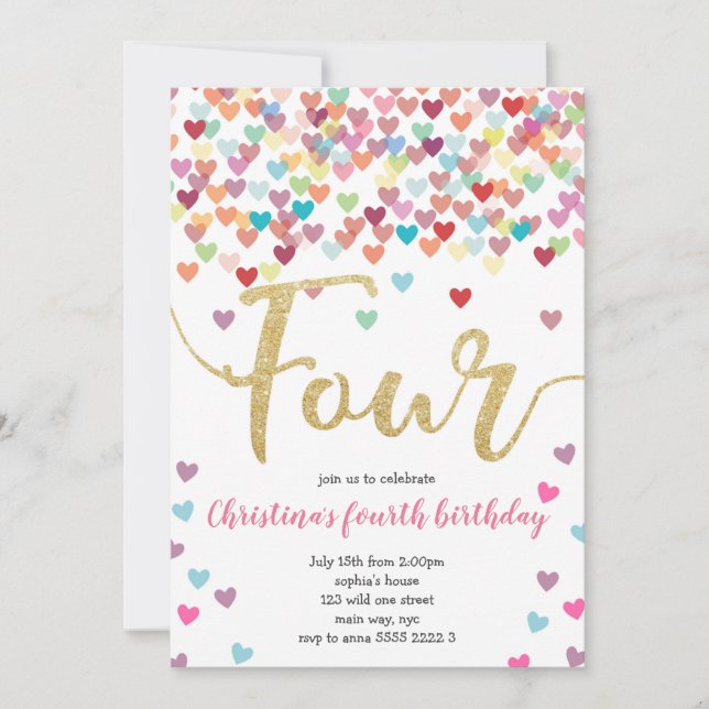 Girl 4e födelsedagen Hearts Confetti Rainbow Glitt Inbjudningar (Framsida)