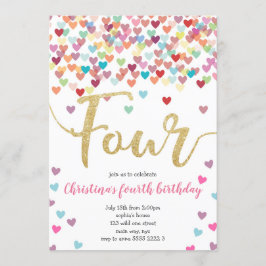 Girl 4e födelsedagen Hearts Confetti Rainbow Glitt Inbjudningar