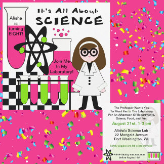 Girl All Om Science Födelsedagsfest inbjudan