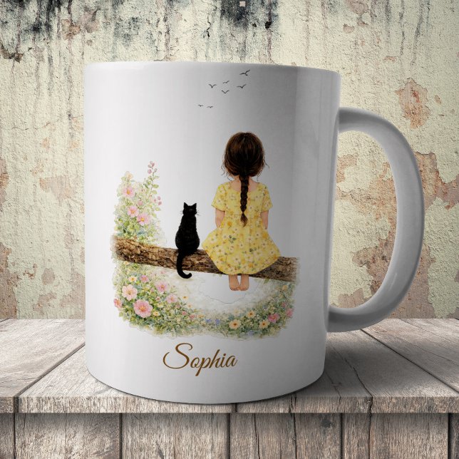 Girl and Black Cat on Branch Kaffemugg (Skapare uppladdad)