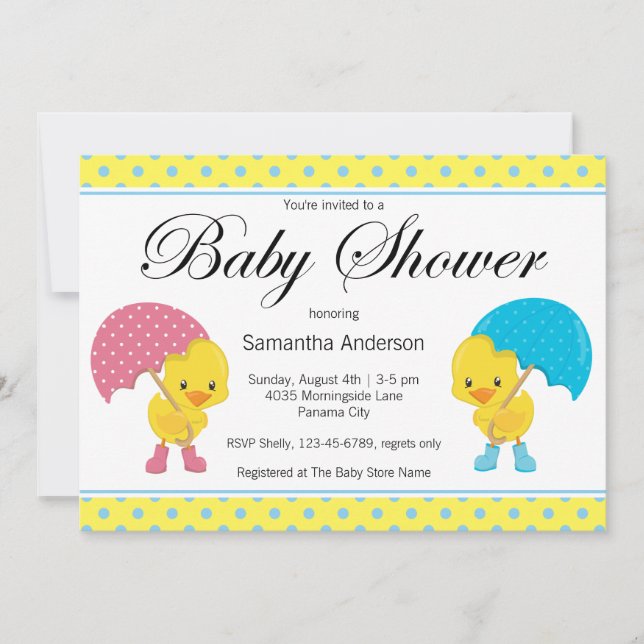 Girl and Boy Ducky med Parbrella Baby Shower Inbjudningar (Framsida)