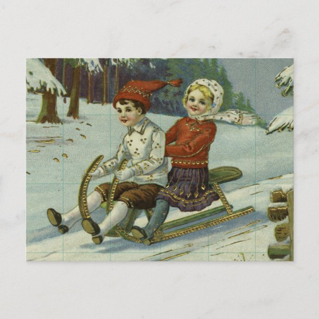 Girl and boy enjoy a sleigh ride illustration vykort (Framsida)