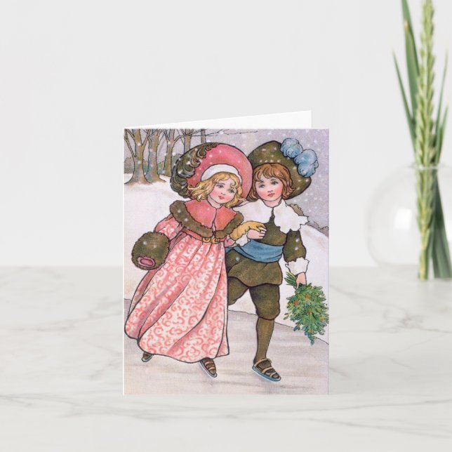 Girl and boy ice skating - Florence Hardy Kort (Framsida)