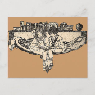 Girl and Boy Reading Vykort
