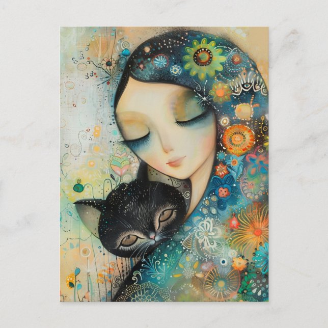 GIRL AND CAT ART JIGSAW PUZZLE VYKORT (Framsida)