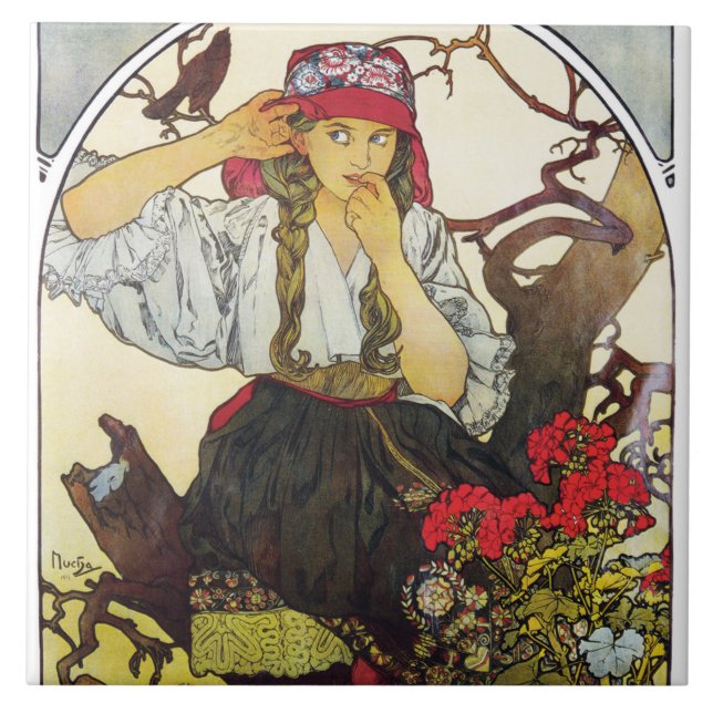 Girl and Geranium, Mucha Kakelplatta (Framsidan)