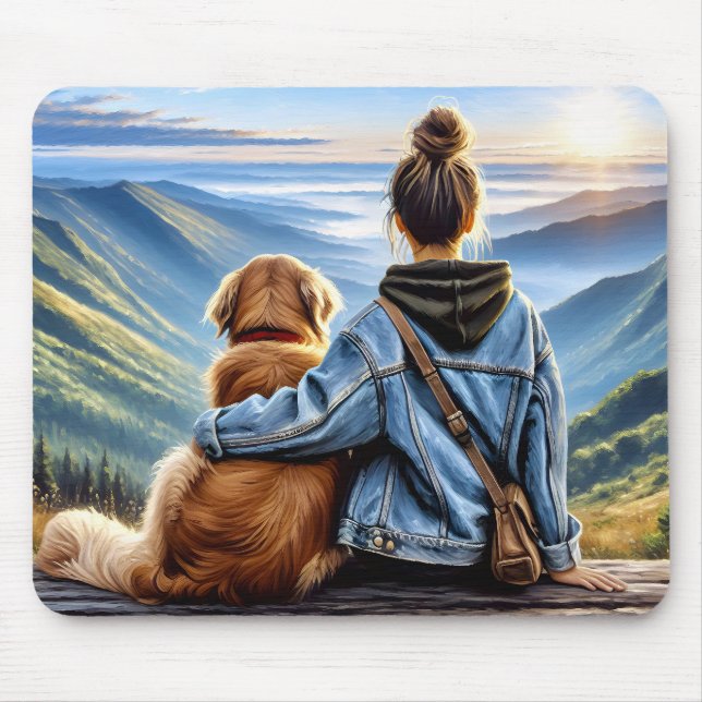 Girl and Golden Retriever Mountain Sunrise Musmatta (Framsidan)