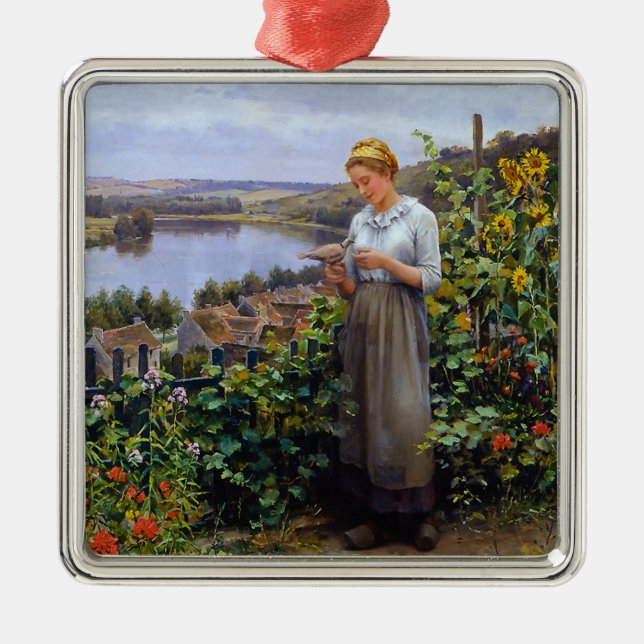 Girl and her Pet Dove (Young Woman and Bird) Julgransprydnad Metall (Framsidan)