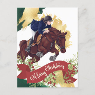 Girl and Horse Jumping Colorful God jul Vykort