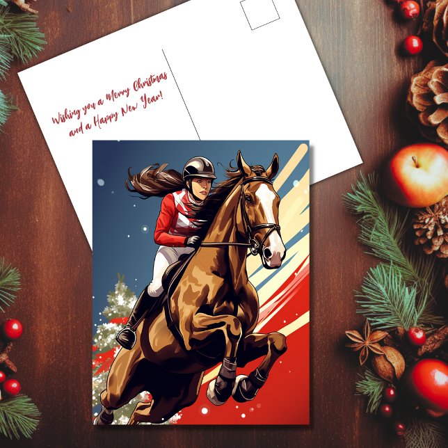 Girl and Horse Jumping Equestrian jul Helg Vykort (Girl and Horse Jumping Equestrian Christmas Holiday Postcard)