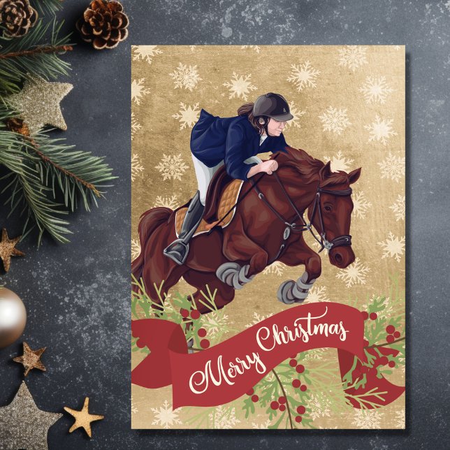 Girl and Horse Jumping God jul Golden Helgkort (Front - Girl and Horse Jumping Merry Christmas Golden Holiday Card)