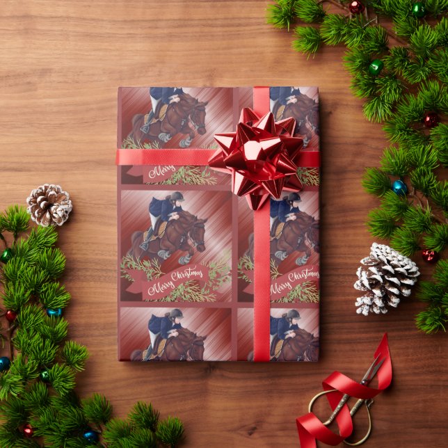 Girl and Horse Jumping God jul på Red Presentpapper (Julgåva)