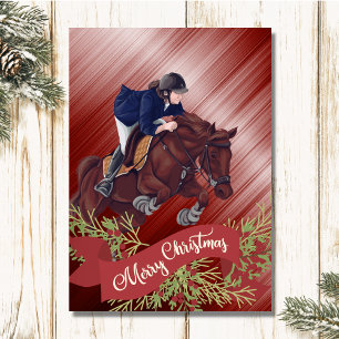 Girl and Horse Jumping God jul Red Helgkort