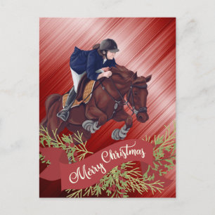 Girl and Horse Jumping God jul Red Vykort
