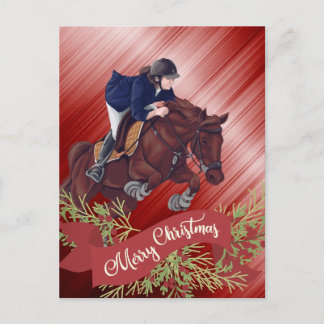 Girl and Horse Jumping God jul Red Vykort