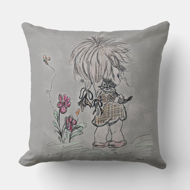 Girl and Kitten Animerad Hand Teckning Kudde (Framsida)