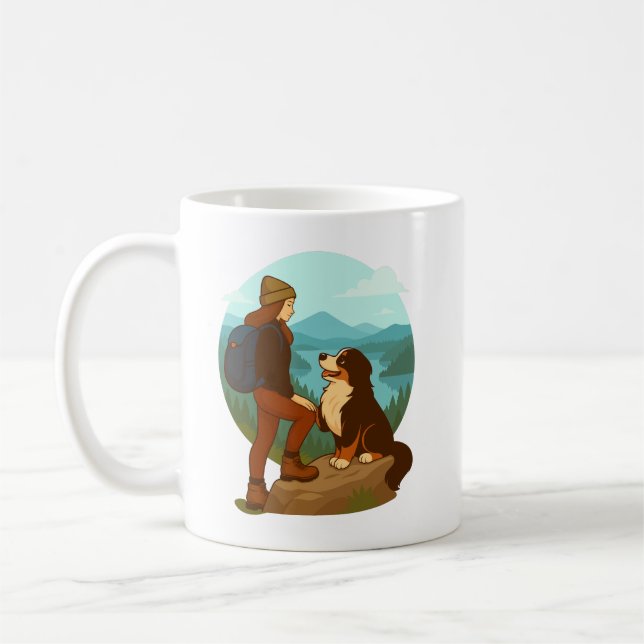 Girl and Mountain Dog Adventure Illustration Kaffemugg (Vänster)