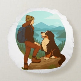 Girl and Mountain Dog Adventure Illustration Rund Kudde