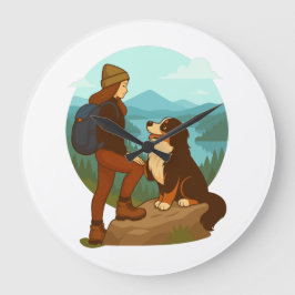 Girl and Mountain Dog Adventure Illustration Stor Klocka