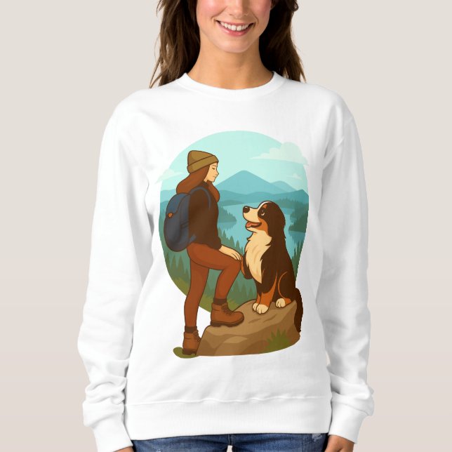 Girl and Mountain Dog Adventure Illustration T Shirt (Framsida)