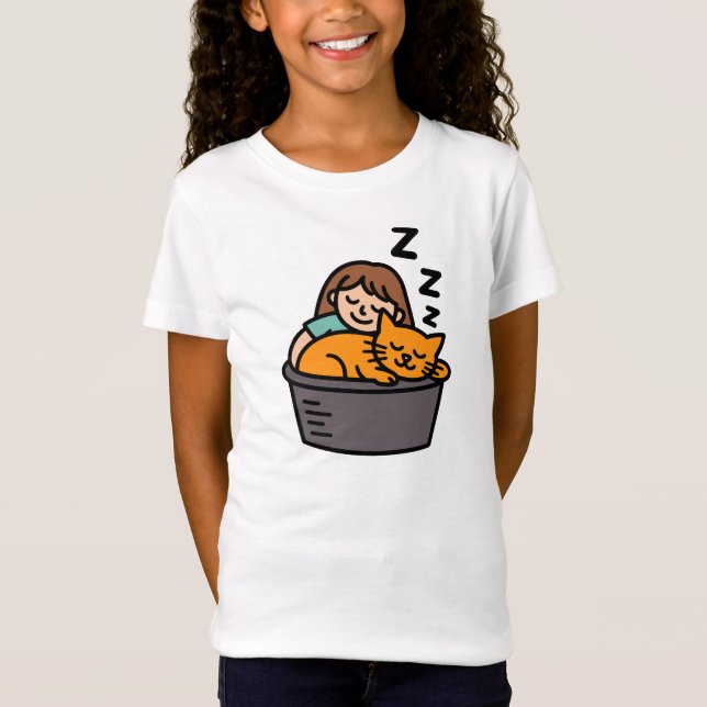 Girl and Orange Cat Sleeping in Bucket T Shirt (Framsida)