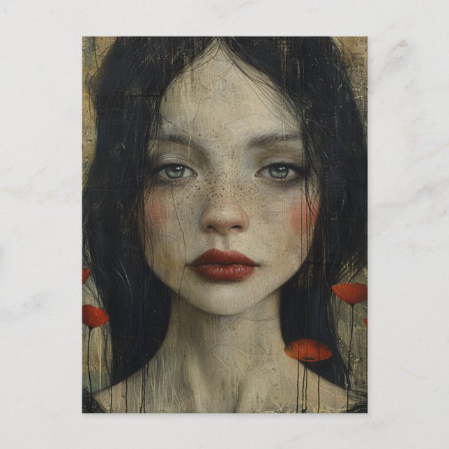 Girl and Poppies Rustic Grunge Vykort (Framsida)