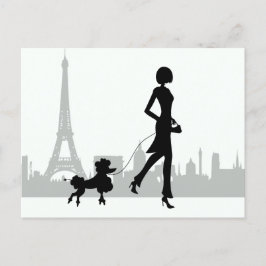 Girl and Pudel Paris Skyline Eiffel Torn Vykort