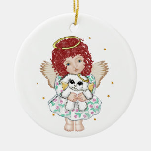 Girl Angel Holding Hund Julgransprydnad Keramik
