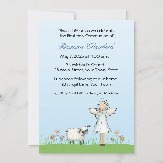 Girl Angel och Lamb, Blue, First Communion Inbjudningar (Framsida)