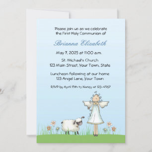 Girl Angel och Lamb, Blue, First Communion Inbjudningar