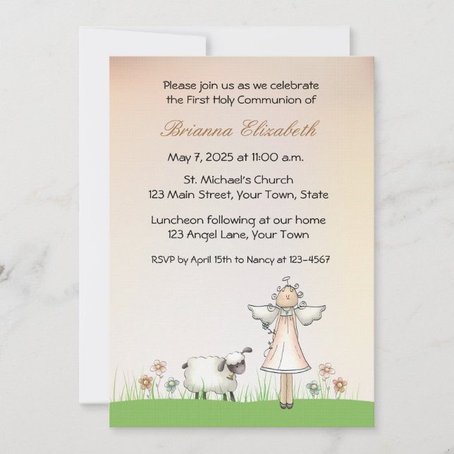 Girl Angel och Lamb First Communion Inbjudningar (Framsida)