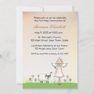 Girl Angel och Lamb First Communion Inbjudningar