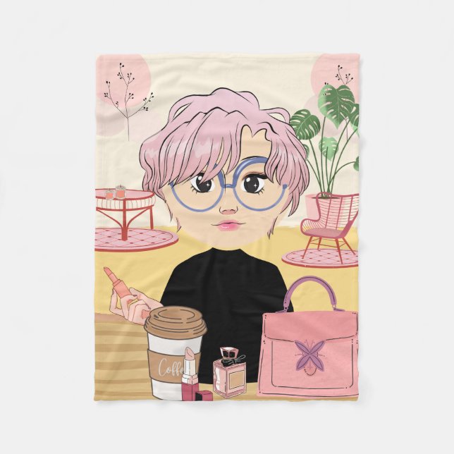 GIRL ANIME, MED HJÄLP AV KAFFE STÄLLE FLEECEFILT (Framsidan)