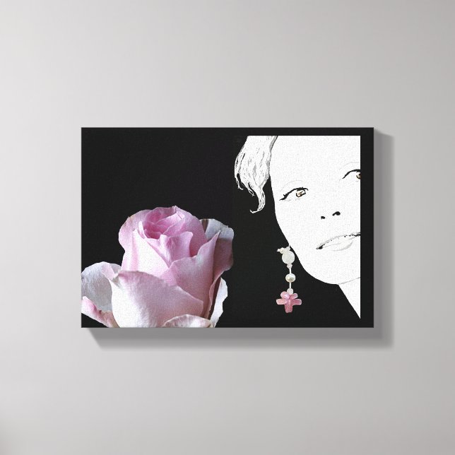 Girl ansikte söt rosa ros blommigt mode bra  konst canvastryck (Framsida)