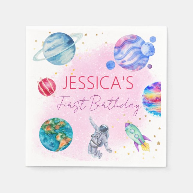 Girl Astronaut Guld Rosa Rocket Frakt Planet Pappersservett (Framsidan)